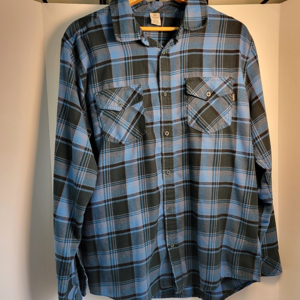 Hurley Mens Blue Black Plaid Flannel Long Sleeve Button Down Shirt Large